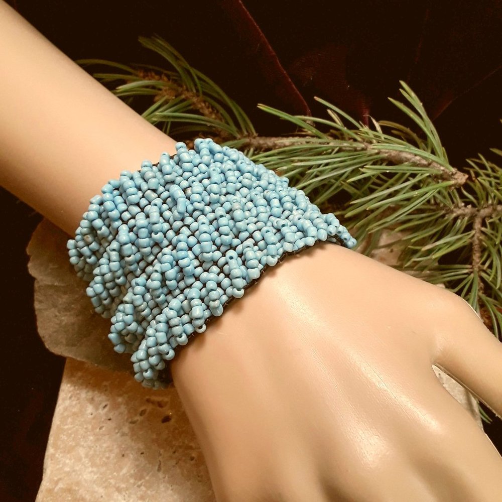 Ethnic Style Wide Turquoise Beaded Bracelet with Wood Clasp